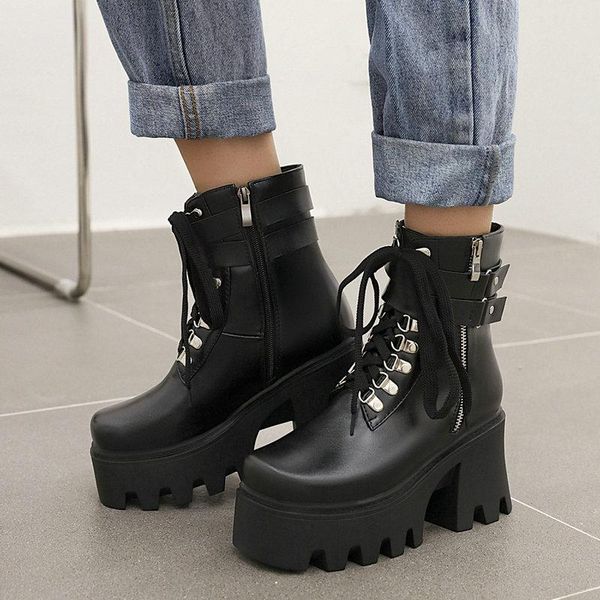 

boots fashion cross tied women punk ankle female square toe zipper autumn winter platform shoes ladies thick high heel, Black