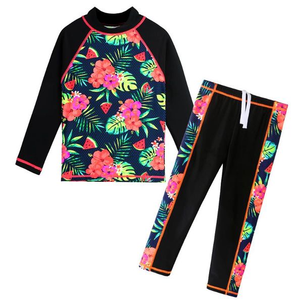 

black floral girls swimwear long sleeves children swimming suits 2pcs set swimsuit kids teens bathing suit beachwear one-piece