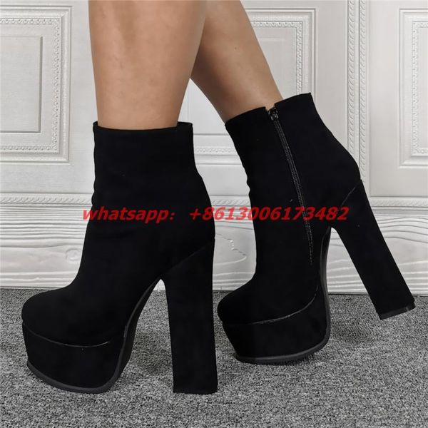 

boots fashion woman high platform thick heel side zipper large women short suede leather chunky, Black