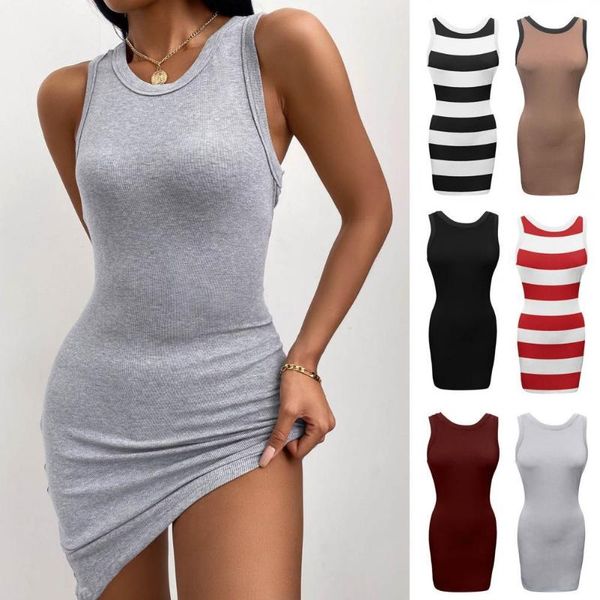 

casual dresses women dress o neck solid color/striped sleeveless ribbed bodycon for party, Black;gray