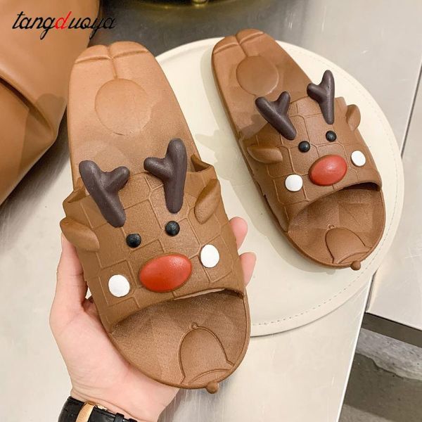 

cute women slippers fashion summer lovely ladies casual slip on christmas deer flip flops slides woman indoor house shoes, Black