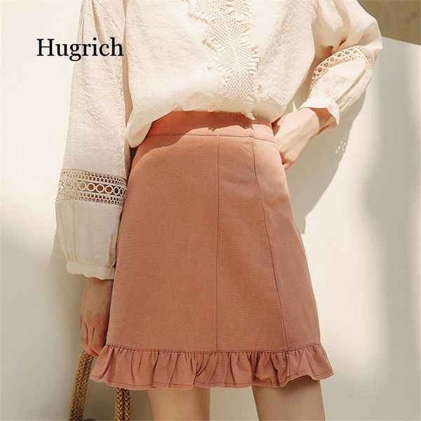 

summer sweet ruffle mini skirt women casual solid a-line short vintage high waist cotton skirts, Black