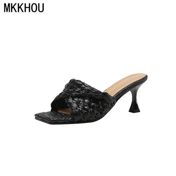 

slippers mkkhou fashion sandals women summer women's shoes straw flat stiletto 6.5cm high heel, Black