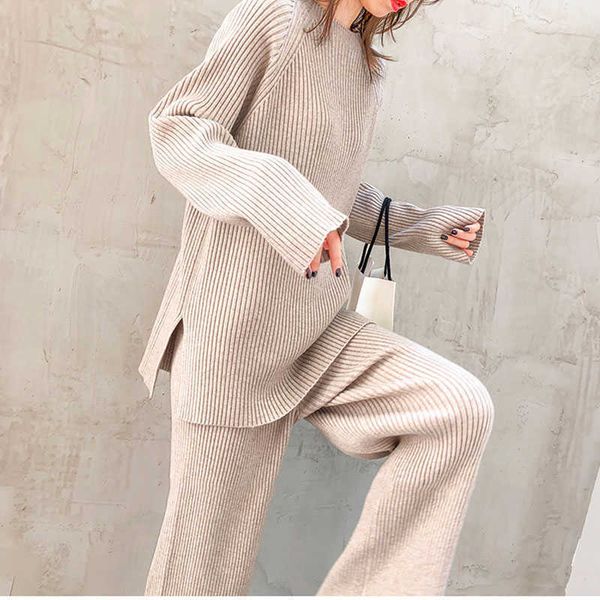 

cashmere sweater+ knitted pants suit women long sleeve two piece set and tracksuit outwear 210531, White