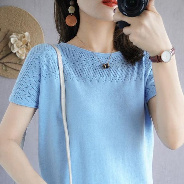 

women's t-shirt 2021summer all-cotton short-sleeved women round neck hollow knit thin korean large size half-sleeved pure cotton top, White