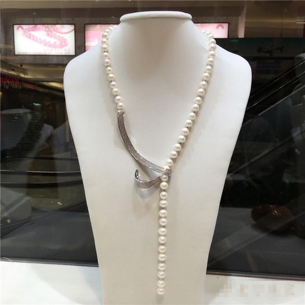 

chains hand knotted 8-9mm natural white freshwater pearl necklace long sweater chain fashion jewelry, Silver