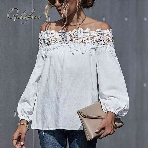 

summer women off shoulder blouse shirt long sleeve slash neck white lace crochet beach 210513