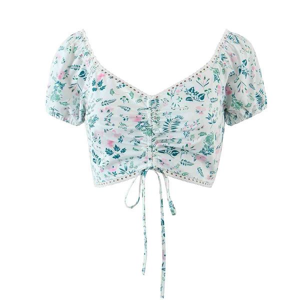 

spring and summer print draw rope square collar elastic pleated lace versatile mini women short sleeves garden 210521, White