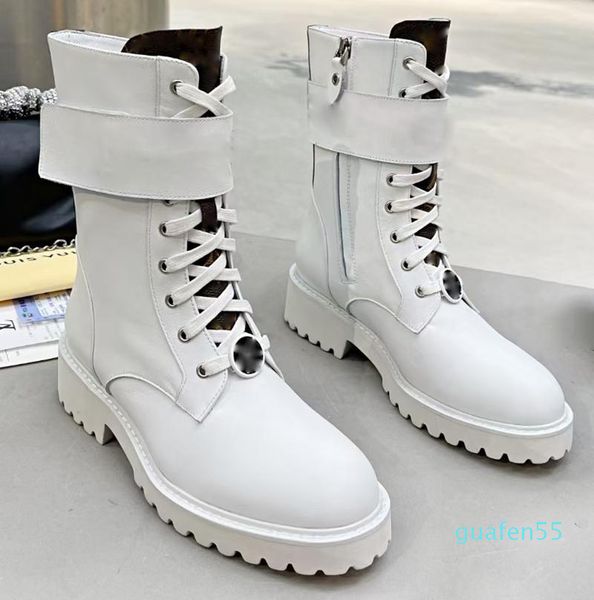 

designer boots side zipper martin boots womens winter round head flat bottomed short barrel motorcycle boots black and white leather knight