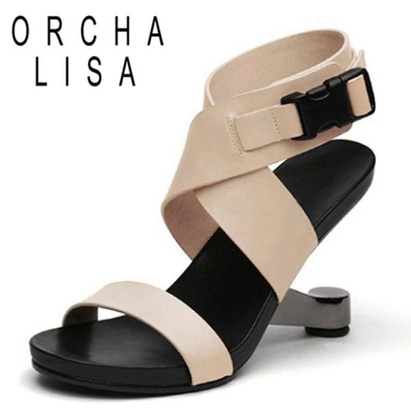 

female concise summer heeled sandals open toe strange heel genuine leather buckle size 34-39 black leisure date c1868