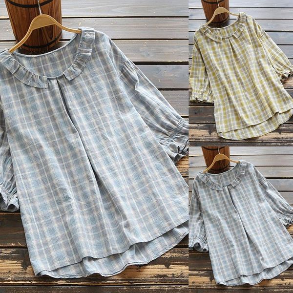 

women's blouses & shirts leisure women linen simplicity loose temperament all-match ruffle sollar plaid short shirt casual lady pullove, White