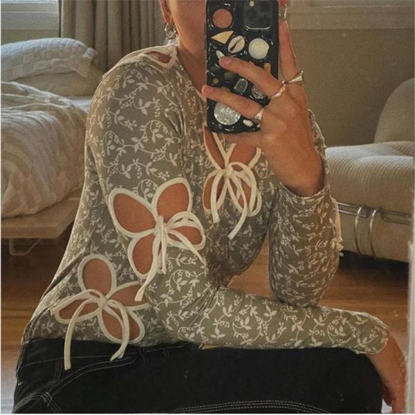 

women's t-shirt hollow out lace-up long sleeves t-shirts women spring fall tee shirts female fashion floral clubwear femme jumper pullo, White