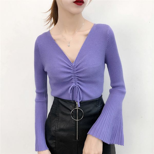 

women's sweaters fashion streetwear v-neck knitted sweater womens fall winter flare sleeve drawstring pull femme vintage pull, White;black