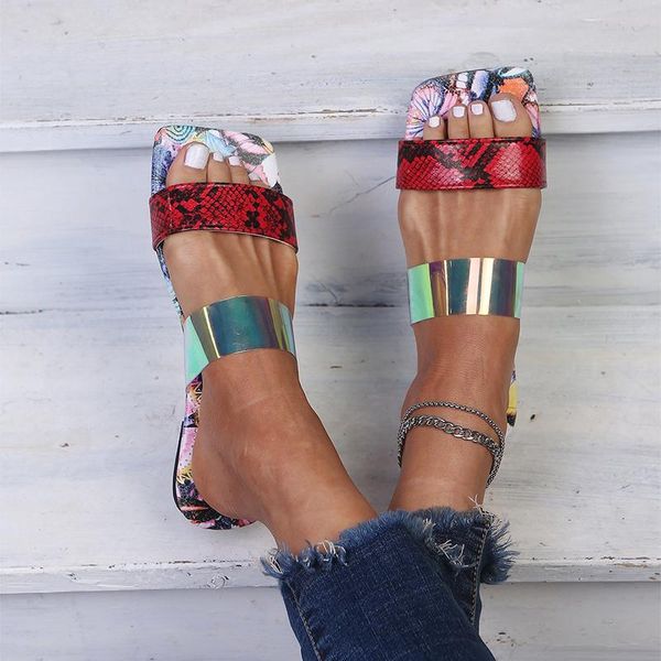 

women summer flats sandals square toe shoes transparent open slippers casual beach pattern printed ladies 2021, Black