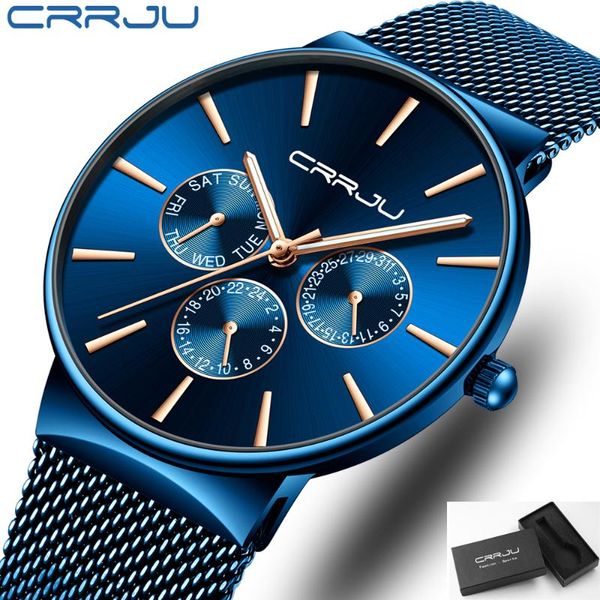 

wristwatches crrju men watch fashion color collocation casual dress slim quartz watches with date business stylish blue clock, Slivery;brown