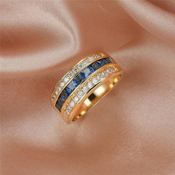

wedding rings luxury male female blue square crystal jewelry charm gold color ring trendy bride geometry engagement for women, Slivery;golden