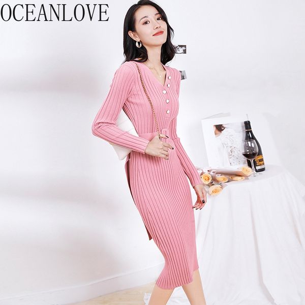 

japan style women dess knitted slim office lady solid v neck vestidos autumn winter sweater dress bodycon 18602 210415, Black;gray