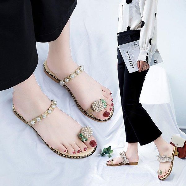 

sandals and slippers women's rhinestone set toe summer flat beach fashion shoes versatile personality, Black
