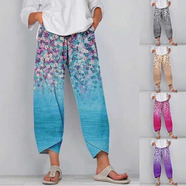 

women's pants & capris women long for tall casual personality flowers print ladies summer elastic waist wide leg pant loose trousers, Black;white