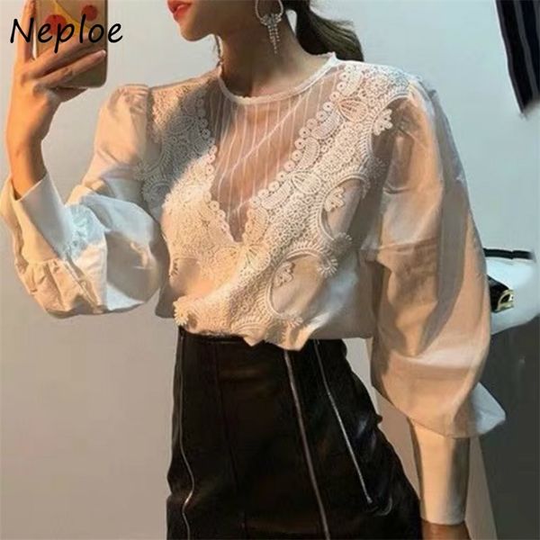 

chic lace patchwork o-neck hollow out shirts vintage puff sleeve femme blusas korean style autumn women blouse 210422, White