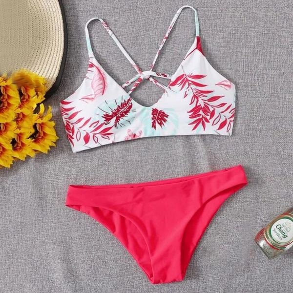 

women's swimwear 2021 leaf printed bandage bikinis set women up biquini swimsuit female bathing suit high waisted bikini #t1p, White;black