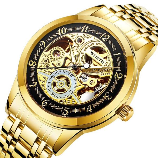 

wristwatches orologio uomo men watch automatic mechanical gold waterproof man skeleton steel clock, Slivery;brown