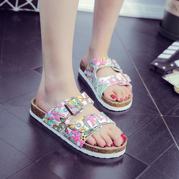 

printing colorful balloon cork sandals women open toe flabellum slippers comfy multicolor double metalic buckle strap sandalias, Black