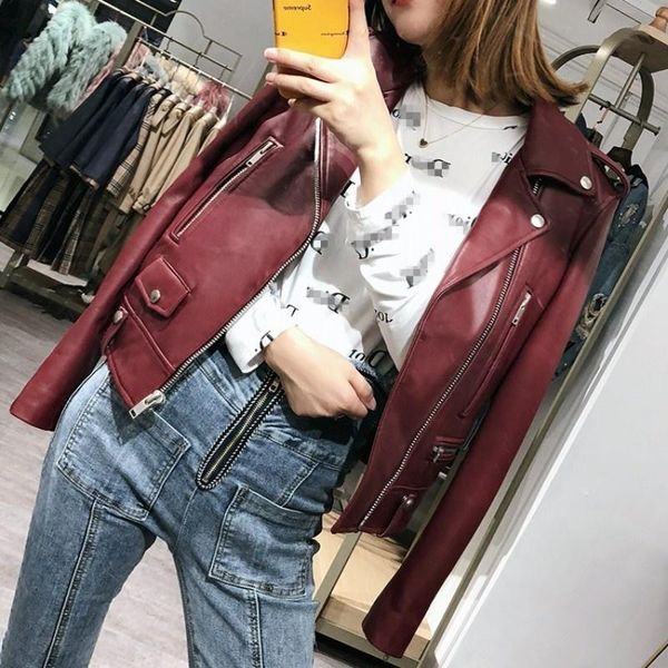 

women's leather & faux women fashion wine red sheepskin genuine jacket motorcycle female short coat windproof autumn casual real, Black