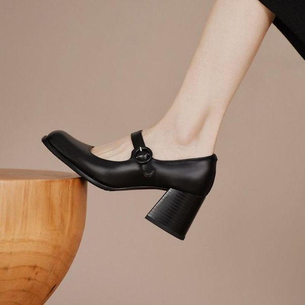 

dress shoes fshion2021 spring and autumn round head small leather british style thick heel high heels shallow mouth single, Black