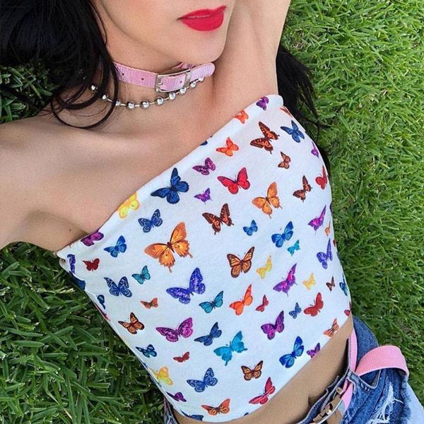 

bustiers & corsets womens off shoulder strapless tube crop multicolor butterfly print neck bandeau slim beach party mini, Black;white