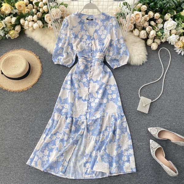 

fmfssom 2021 summer spring floral printed v-neck single breasted puff sleeve women female a-line high waist midi dress, Black;gray
