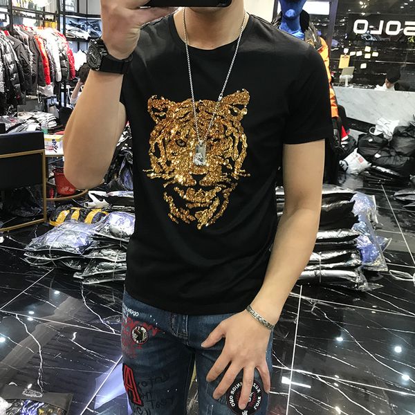 

t shirts 100% casual men's summer tiger beaded t-shirt o-neck cotton brand fitness, White;black