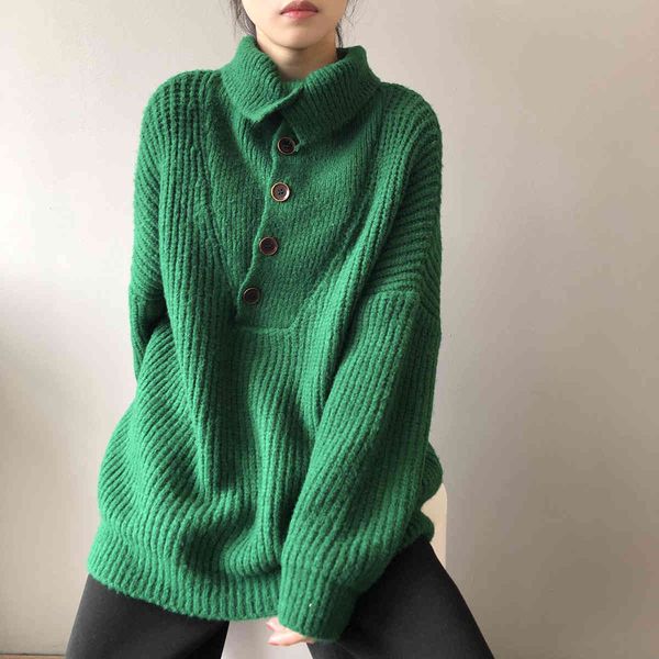 

turtleneck sweater women autumn winter stylw of retro college lapel jumper pullover oversize lazy wind female 210520, White;black