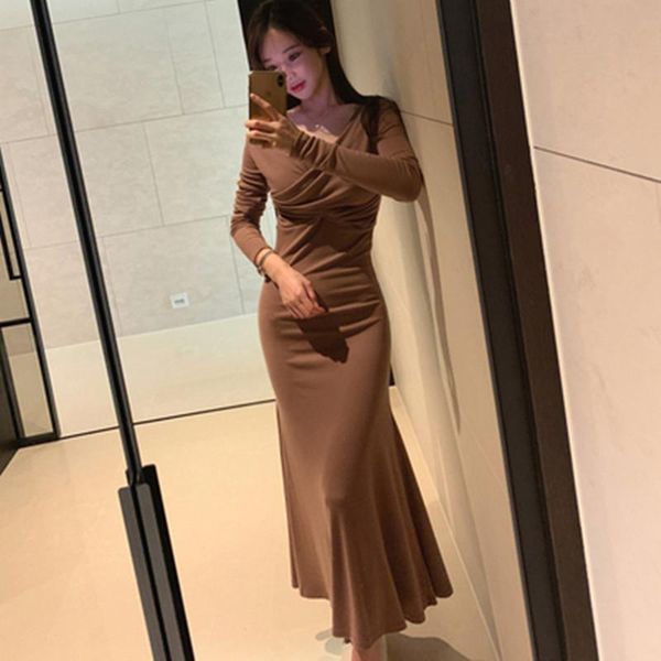 

casual dresses vintage autumn women's v-neck sheath mermaid dress elegant korean simple bodycon work office long vestidos, Black;gray