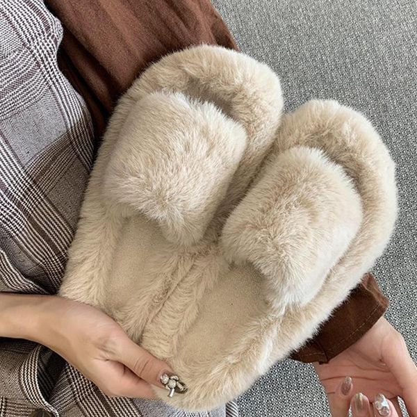 

women fur home slippers winter slides fluffy furry khaki open toes woman faux keeps warm ladies soft plush shoes, Black