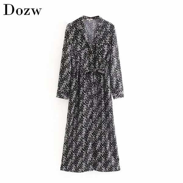 

women floral print long dress with belt sleeve elegant party ladies fashion turn down collar beach vestidos 210515, Black;gray