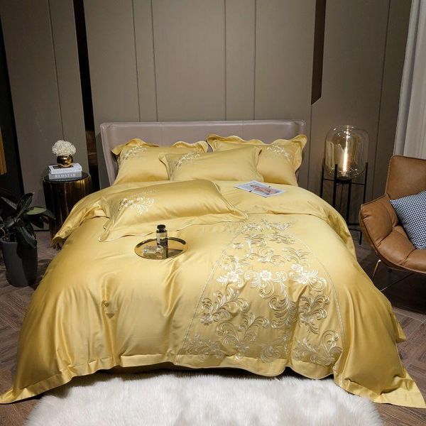 

luxury yellow satin embroidery egyptian cotton duvet cover bed linen fitted sheet pillowcases bedclothes home textiles bedding sets