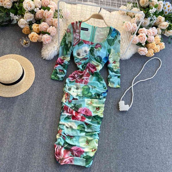 

dresses summer runway women flower printed pleated bodycon female elegant sleeve high elastic waist draped mesh, Black;gray