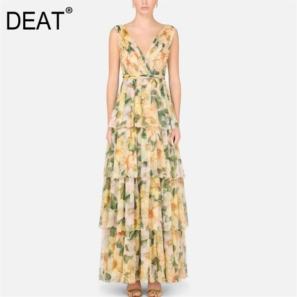 

[deat] v-neck backless sleeveless tie high waist print y2k clothes maxi dresses for women high street spring 210430, Black;gray