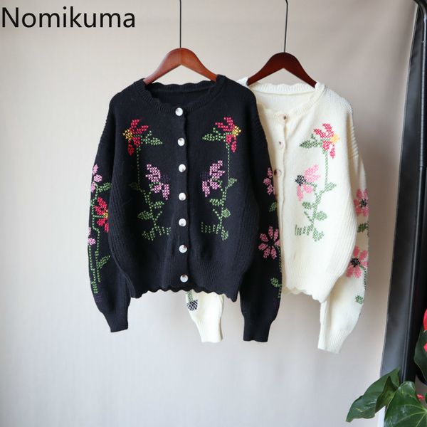 

nomikuma pull femme floral embroidery long sleeve o-neck sweater coat autumn winter knitted short women cardigans 6c299 210427, White;black