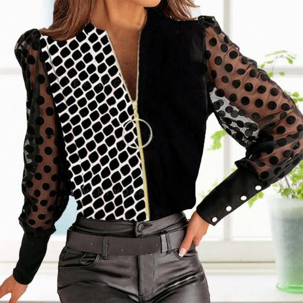 

women's blouses & shirts 50% drop dot print zipper v-neck women blouse soft lace sleeve patchwork pullover ladies clothing, White