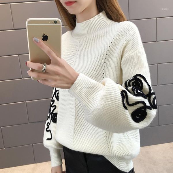 

women's sweaters semi-high-collar sweater female spring, autumn and winter 2021 pullover loose soft girl knitted bottom shirt, White;black