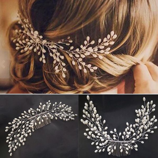 

flashing rhinestone pearl hair clip bridal ornaments elegant wedding jewelry accessories crystal bride comb headwear clips & barrettes, Golden;silver