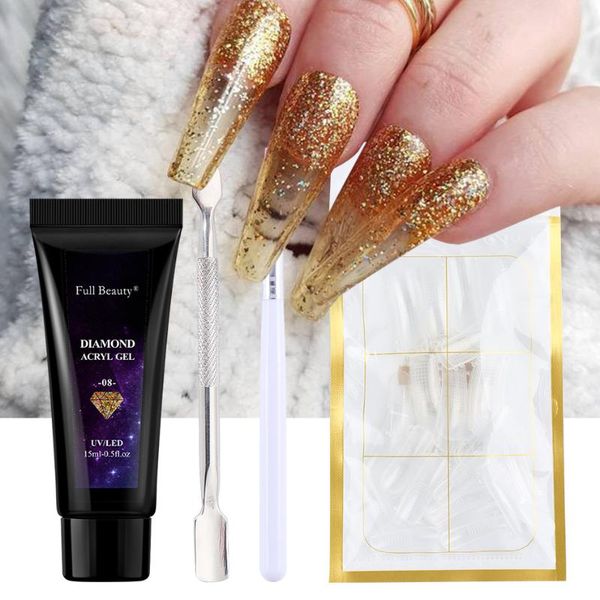 

nail gel glitter acrylic extension set poly uv polish shiny soak off semi permanent crystal form brush kit manicure nt1833-2, Red;pink