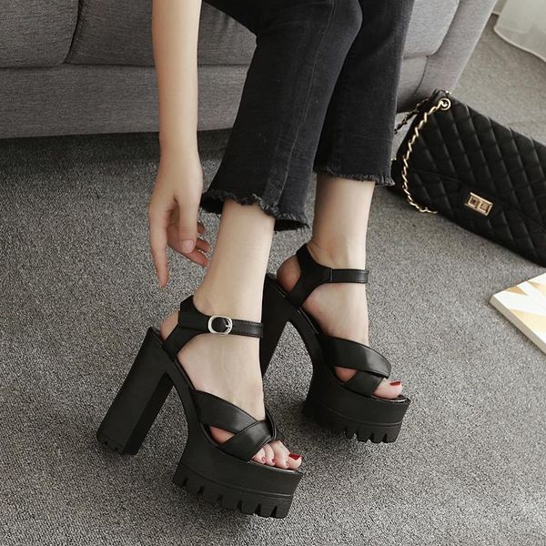 

dress shoes summer fashion european and american super high heel 13cm open toe buckle ladies sandals with waterproof platform., Black