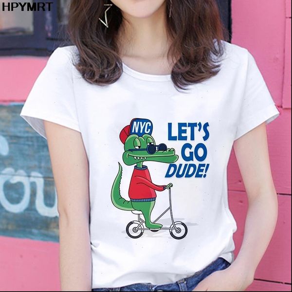 

aesthetic vogue fun graphics harajuku women t shirts plus size streetwear korean print cartoon dinosaur female, White