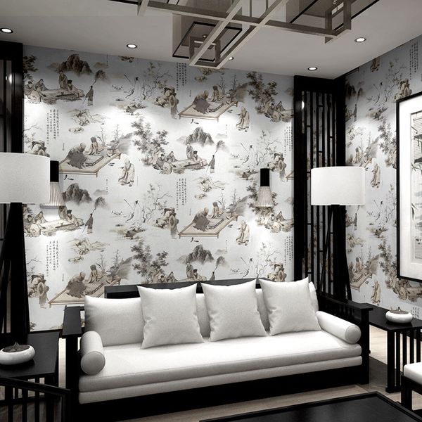 

chinese style wallpaper ancient classical zen landscape painting teahouse living room tv background wall
