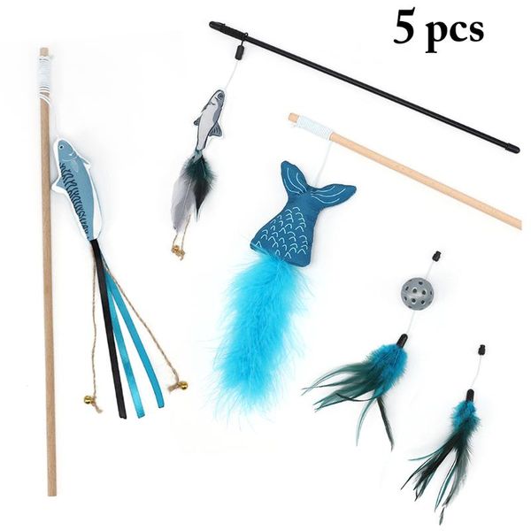 

5pcs selling cat teaser toy interaction funny fish wand kitten teasing with replacements products toys