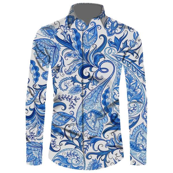 

men's casual shirts fashion mens bandana floral royal print designer dress fancy club style long sleeve shirt, White;black