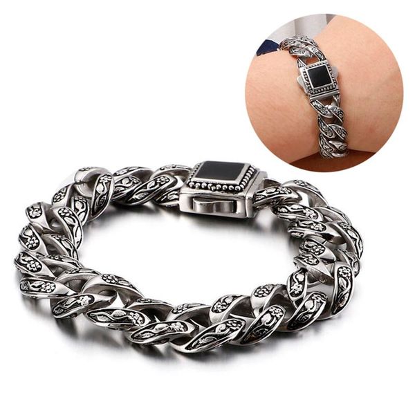 

link, chain punk retro rose flower biker bracelet for man hiphop black stone stainless steel mens curb cuban bracelets 15mm jewellery